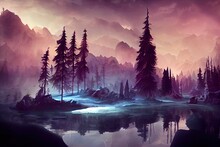 Who Lives There In The Middle Of The Lake Inside The Deep Forest. Video Game's Digital CG Artwork, Concept Illustration, Realistic Cartoon Style Background