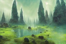 Fantasy Swamp In The Forest Moring, Video Game's Digital CG Artwork, Concept Illustration, Realistic Cartoon Style Background