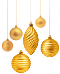 Wall Mural - stylish modern golden christmas decoration set hanging, isolated, shallow dof