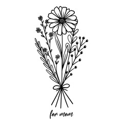 Wall Mural - Vector isolated small pretty bouquet boutonniere black and white contour line graphic drawing