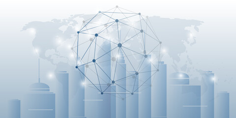 Poster - Futuristic Smart City, IoT, Home Automation, Digital Urban Network Connections - Concept with World Map, Polygonal Mesh and Cityscape Skyline, Skyscrapers - Background Design, Vector Format Included