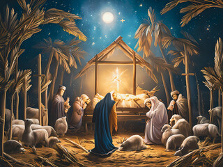 Canvas Print - Artistic concept illustration of a Christmas Manger scene