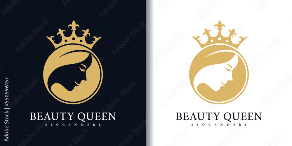 Feminine beauty woman face with queen crown gold logo Stock Vector ...