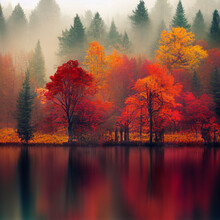 Atmospheric Forest Lake View On Autumn Misty Day