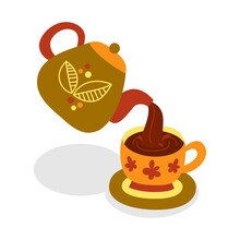 Pouring Tea From A Teapot Into A Cup. Drops Of Liquid Scatter From Splashes. The Object Is Isolated. Vector Image. Cute Cartoon Illustration