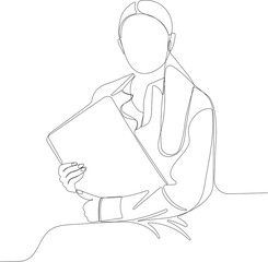 One continuous line is the concept. Vector illustration. Continuous line drawing of focused young woman using laptop typing on keyboard writing email or message for your design minimal