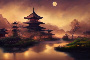 Wall Mural - Beautiful Japanese Courtyard Landscape in the Night. Fantasy Backdrop. Concept Art. Realistic Illustration. Video Game Digital CG Artwork Background. Nature Scenery.