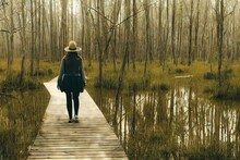 Lonely Figure Of Man Walking Along Duckboards Path In Forest