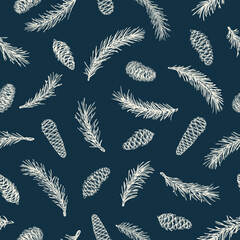 Naklejka na meble Winter seamless pattern with fir branches and cones. Dark blue and white. Christmas background. Botanical  ornament for packaging, textiles, wallpaper. Vector illustration. Sketch.