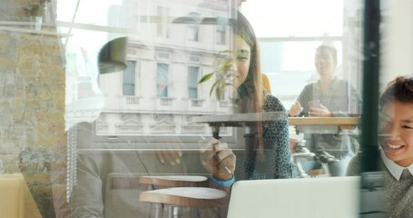Aufkleber - Glass, laptop and business people in a meeting for strategy, planning and collaboration on goal, vision and idea in office. Startup, business meeting and online project management with team