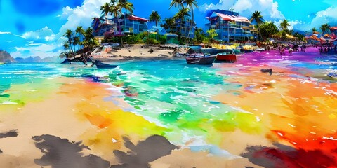 Wall Mural - The colorful beach watercolor is beautiful. The blue sky and ocean meet in the distance, while the brightly-colored flowers in the foreground add a touch of sweetness to the scene.