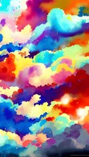 In This Picture, Colorful Clouds Are Floating In A Bright Blue Sky. They Look Like They're Made Of Cotton Candy, And They're So Fluffy You Just Want To Reach Out And Touch Them. The Watercolor Effect 