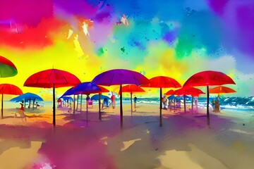 Wall Mural - The sun is shining and the waves are crashing onto the shore. The umbrellas are brightly colored and there is a little girl playing in the sand.