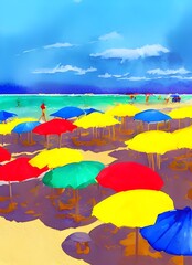 Wall Mural - The sun shines brightly over the ocean, casting a blue hue on everything in sight. Nearby, colorful beach umbrellas provide relief from the heat and a place to relax.