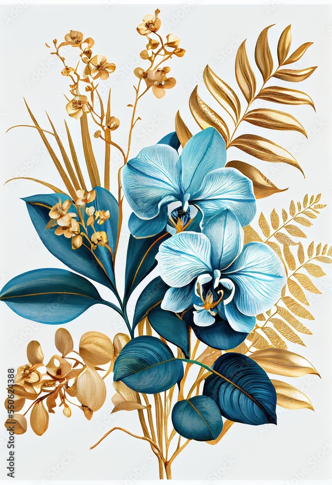 light blue tropical leaves and orchid flowers Stock Illustration ...