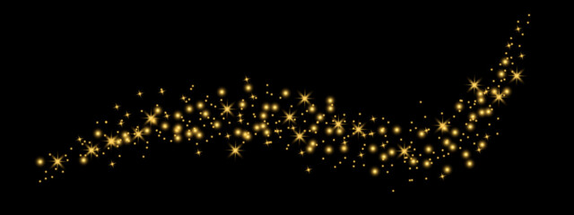 Glittering vector dust on black background. Golden sparkling lights. Christmas Holiday glow particle. Magic star effect. Shine background. Festive party design. Vector illustration EPS 10