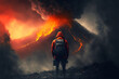 a man stand in front of erupt volcano Generative Ai