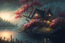 Fantasy Landscape Scene Of A Beautiful House On The Edge Of A Lake Surrounded By Cherry Blossom Trees, Golden Evening Sunset Light, Warm Interior Light From The House's Windows