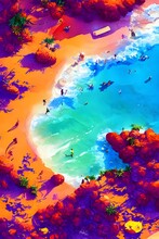 The Cheerful Colors Of The Beach Fill The Page, Making It Seem Like Paradise. The Sun Shines Brightly In The Sky, And Its Rays Reflect Off Of The Water. Every Color Imaginable Is Present In This Scene