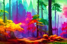 In This Painting, A Rainbow Of Colors Splash And Blend Together In An Enchanting Forest Landscape. Tall Trees Soar Upwards, Their Leaves Rustling In The Breeze. A Tranquil Stream Winds Its Way Through
