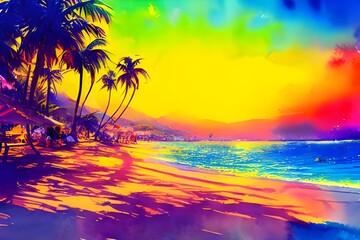 the water is a deep blue color and the sky is a bright, light blue. the sun is a orange color and it