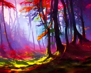 Wall Mural - A beautiful forest watercolor with an array of colors. This painting is very calming and makes you feel at peace.