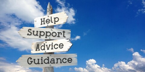 Wall Mural - Help, support, advice, guidance - wooden signpost with four arrows