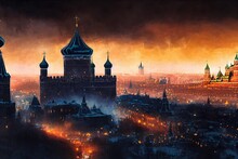 Panoramic View Of Moscow Kremlin And St Basil's Cathedral, Russia. Moscow. The Red Square. Digital Art Style, Illustration Painting