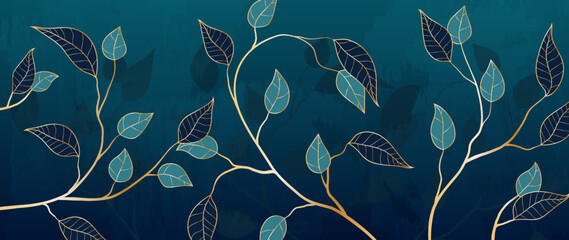Abstract golden foliage line vector background. Luxurious golden wallpaper of blue leaves, tree, leaf branch in gold pattern. Elegant botanical jungle for banner, prints, decoration, fabric.