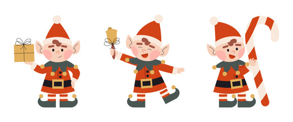 Set of christmas elves. Little Santa's helpers with holiday gift, ringing xmas bell, candy. Dwarf little fantasy helper. Elf for party invitations or greeting cards. Flat vector. 