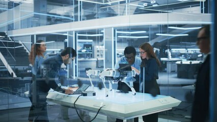 Poster - Professional Multicultural Team of Female and Male Engineers Use Industrial Programmable Robot Animal in a Factory Development Workshop. Tech Facility with Machines, Computers and Research Equipment.
