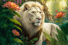 Lion In The Jungle. Amazing Tropical Fauna Pattern For Print, Web, Greeting Cards, Wallpapers, Wrappers. Digital Artwork