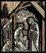 Woodcut Print Of A Christmas Nativity Scene 