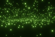 Abstract Flying Green Particles Of Light On A Black Background