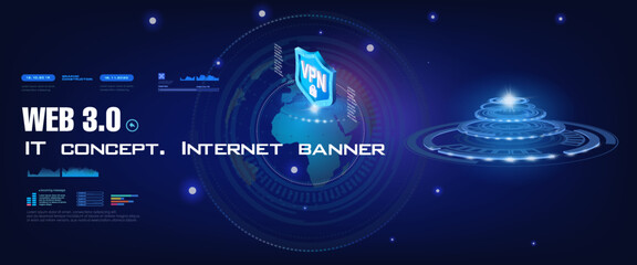 Web 3.0 IT. Cyber banner with HUD elements. Internet next generation. Unique internet network Internet 3.0 World communication portal of the future. World wide network Internet. Data link chain