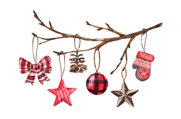 watercolor christmas ornaments on a tree branch. holiday natural decor illustration made in farmhous