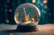 Beautiful snow globe with snowy landscape and trees on a Christmas themed background copy space	