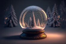 Beautiful Snow Globe With Snowy Landscape And Trees On A Christmas Themed Background Copy Space	