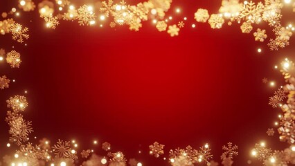 Wall Mural - christmas gold snowflakes frame with lights and particles on red background. particles glowing flick