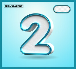 3D render number 2 blue white transparent