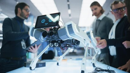 Poster - Close Up Robot Dog Prototype with Smiling Emoji Face on Display Standing in a High Tech Modern Industrial Facility. Industrial Robotics Team Working on Scientific Industrial Technology Project.