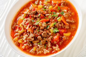 Poster - Hamburger Soup with barley and vegetables in bowl