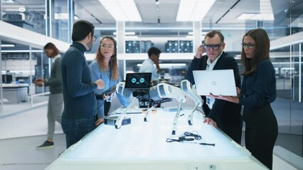 Fototapete - Robotics Engineer, Project Manager and Machinery Operators Collaborate on a Robot Machine Project, Standing with Laptop Computer in Scientific Technology Lab. Young Team Developing an AI Robotic Dog.