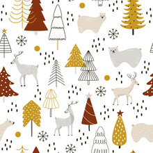 Deer And Bears In A Snowy Forest With Christmas Trees In Hygge Style. Vector Seamless Pattern With Illustrations Of Cute Animal Characters For Printing On Fabric Or Wrapping. Print For New Year And