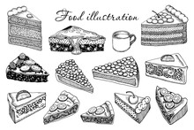 A Set Of Sketches Of Cakes, Food, Cheesecakes. Collection Of Sweet Dishes, Desserts. Hand Drawn Vector Illustration Of Sweets. Cake Slices Outline Isolated From Background