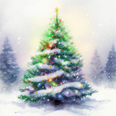 watercolor christmas tree with toys. holiday illustration. generative art
