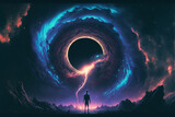 Figure wearing space suit standing in front of a black hole in the sky of another planet, futuristic sci fi scene, neon light, digital illustration
