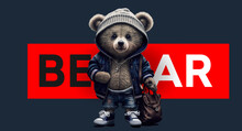 Cute Teddy Bear In A Jacket And Jeans With A Backpack, On A Blue Isolated Background. T-shirt Print Template. Vector Illustration