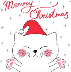 Wall Mural - Cute white smiling cat in holiday hat with hand drawn phrase Merry Christmas and snowflakes. Isolated on white