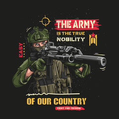 Wall Mural - Male soldier is aiming the gun at the front of the enemy. Vector illustration of patriotism